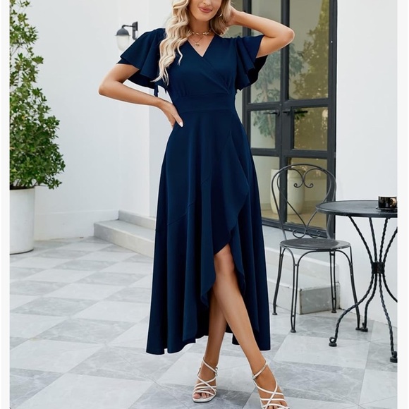 Long Navy Formal Dress Elegant V Neck Wrap Ruffle Dress Size L - Picture 1 of 15